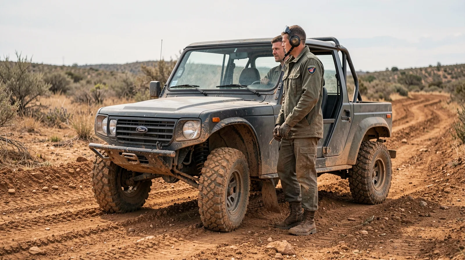 Pneu off-road fotorrealista em veículo 4x4 enfrentando terreno acidentado com lama e pedras