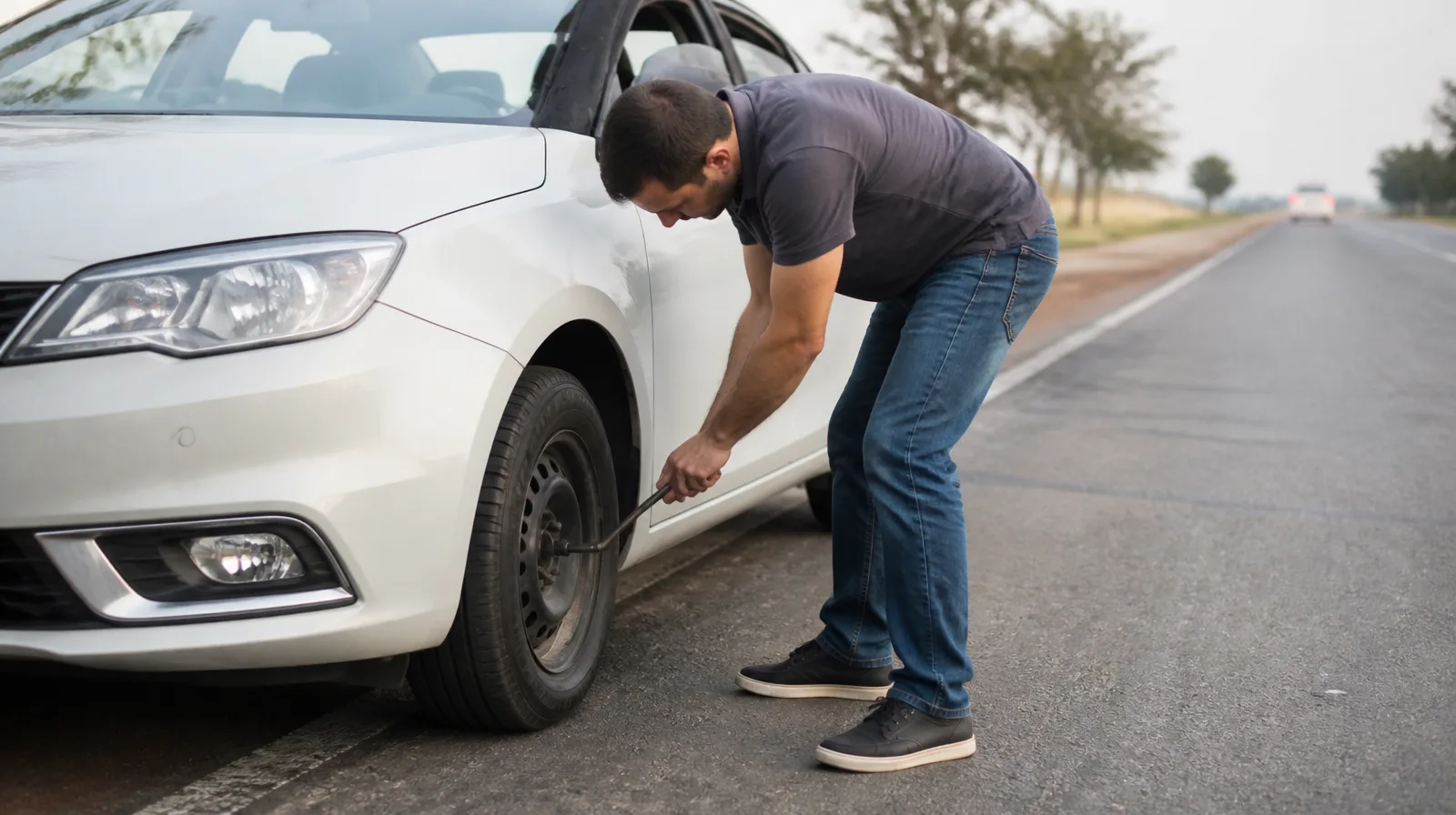 Pneu que nao fura em automovel fotorrealista rodando em asfalto urbano com alta durabilidade e segurança