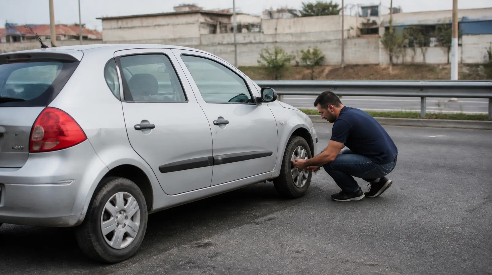Pneu de automóvel com reparador de pneu spray aplicado em cena fotorrealista de emergência na estrada