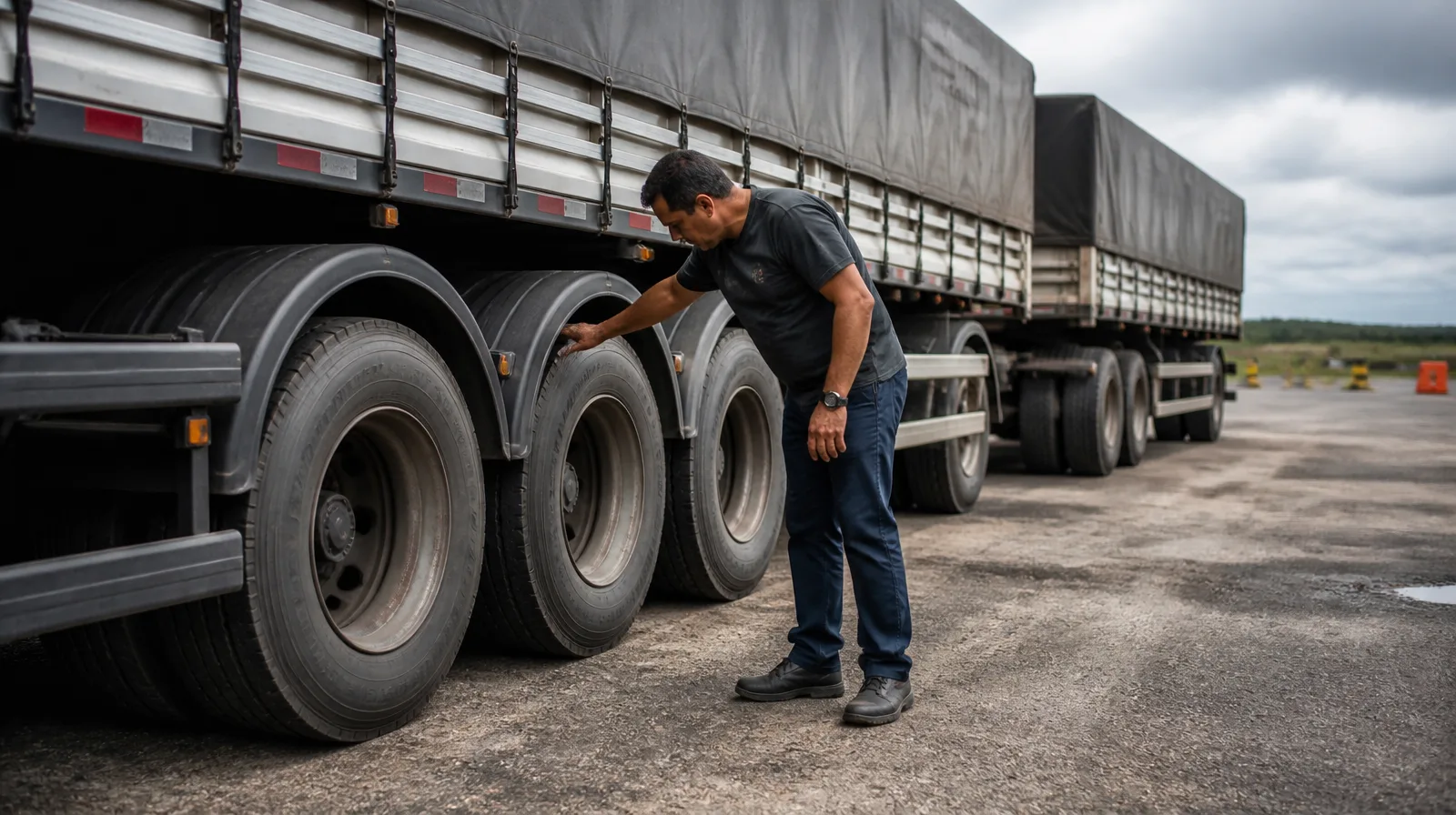 Pneu de rodoviario de carga bitrem com 18 rodas, aplicando selante em todas as extremidades e detalhes do conjunto