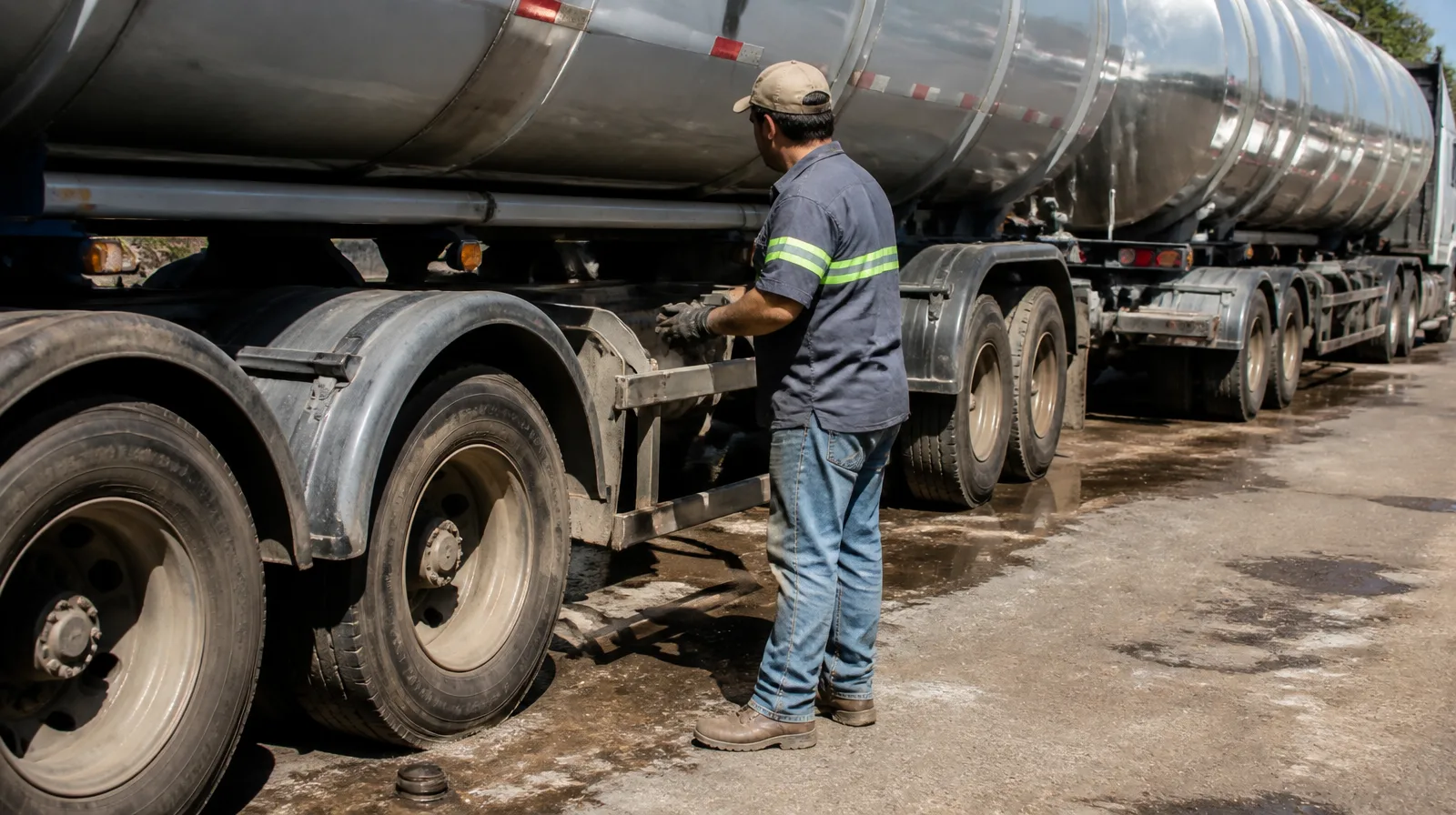 Bitrem rodoviário de carga transporta produtos inflamáveis selante nao em estrada com aspecto fotorrealista