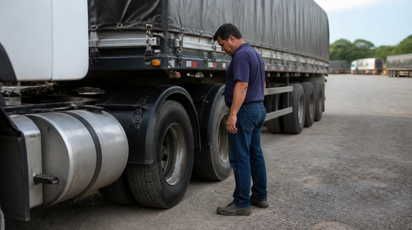 Pneu de veículo rodoviário de carga com tanque de combustivel tem fumes vapor de gasolina em cena fotorrealista