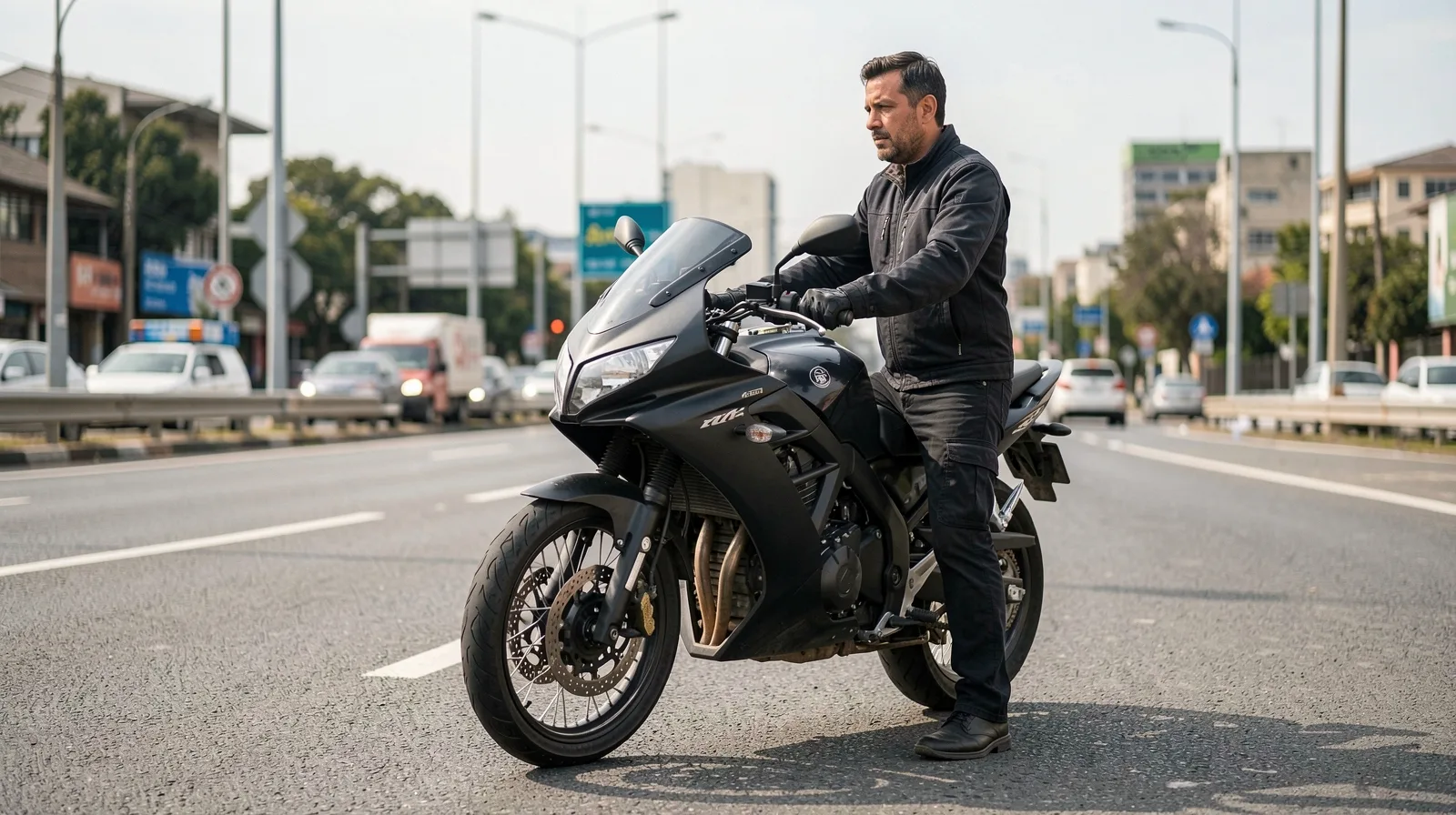 Ronda de moto em pneu de motocicleta em rua urbana, com visual fotorrealista e alta performance