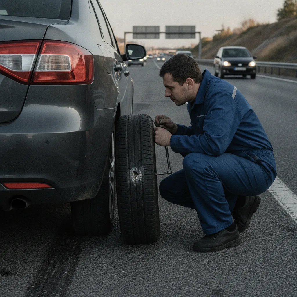 Imagem fotorrealista de um automóvel moderno com pneus de alta performance em uma estrada deslumbrante, destacando a categori