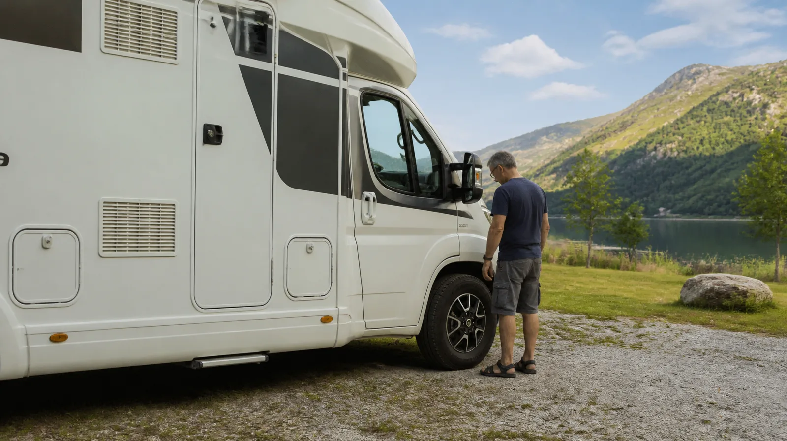 Pneu de motorhome em estrada com selante de pneu de motorhome funciona aplicado para vedação eficiente