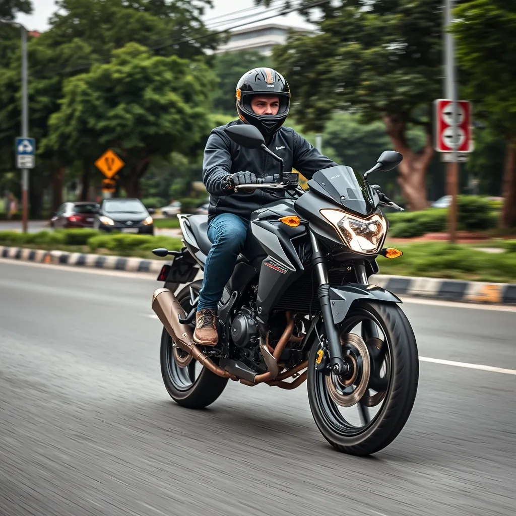Imagem fotorrealista de uma moto robusta com pneus de alta performance, pronta para aventuras em qualquer terreno.