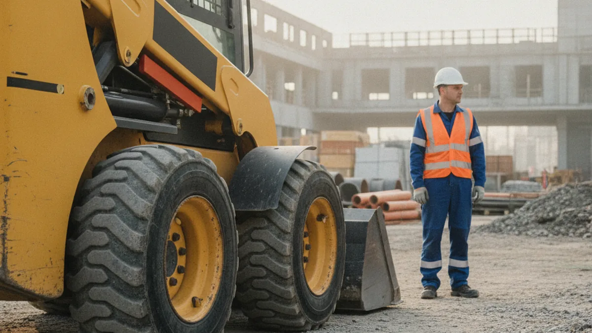 Técnico aplicando selante pela válvula do pneu de uma mini carregadeira em pátio de materiais