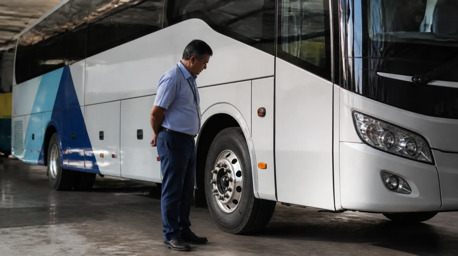 Selante de pneu para ônibus preco em ônibus urbano com pneu fotorrealista e equipe aplicando manutenção preventiva
