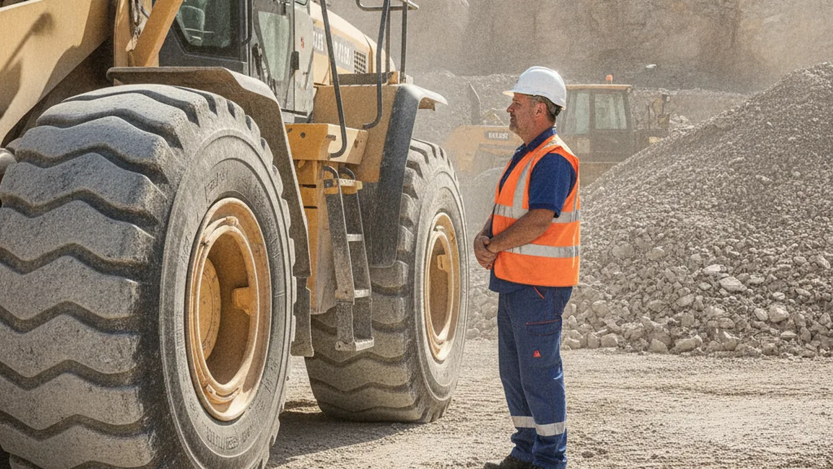 Técnico aplicando selante pela válvula do pneu de uma pá carregadeira em pátio de obra
