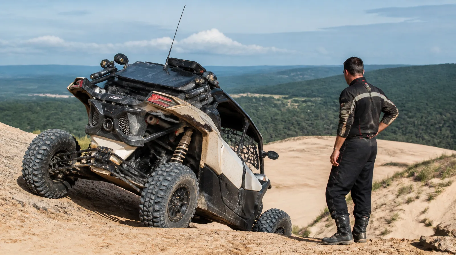 Pneu de buggy off-road esportivo com selante para pneu de buggy em ação em terreno irregular e poeira alta