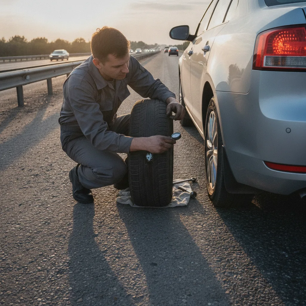 Imagem fotorrealista de um automóvel moderno com pneus de alta performance em uma estrada deslumbrante, destacando a categori