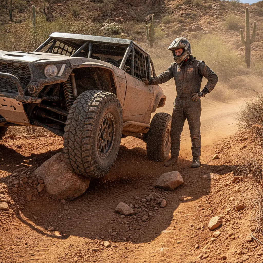 Pneu robusto de jipe off-road esportivo em terreno extremo, evidenciando a eficácia do selante para pneu de jipe