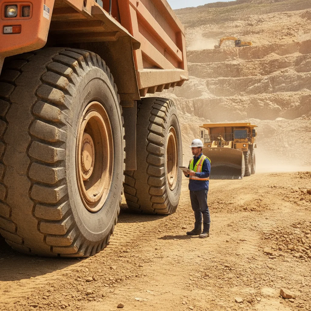 Pneu maciço de caminhão de mineração em terreno acidentado, evidenciando o selante para pneu de mineração e produtividade OTR