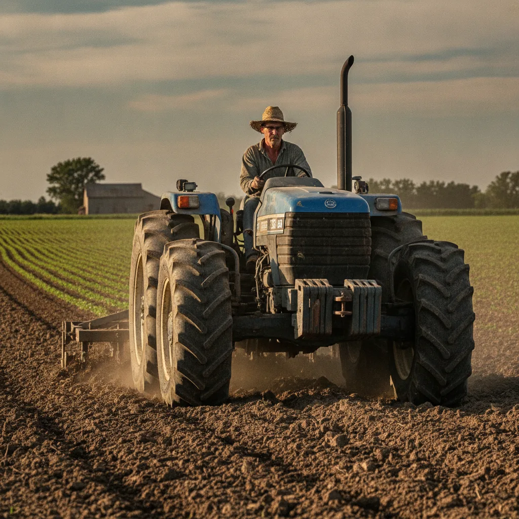 Trator agrícola com pneu resistente no campo, ilustrando como o selante para pneu de trator maximiza a janela operacional