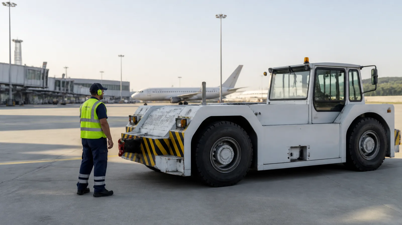 Pneu de veículo aeroportuario em pista de aeroporto, com alta aderência e desempenho seguro