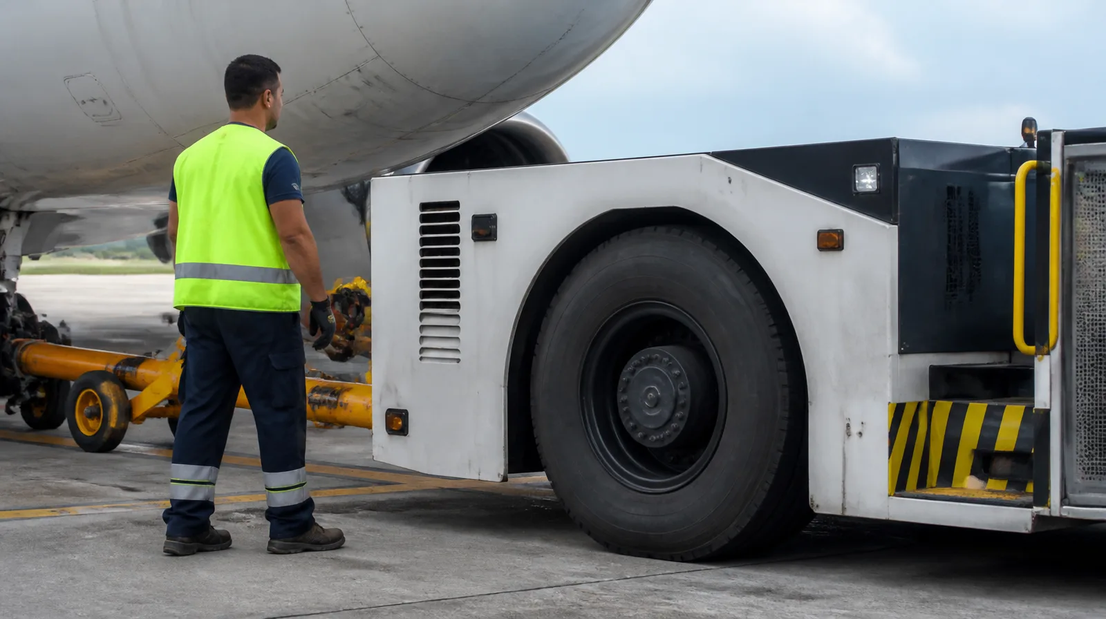Pneu de veículo aeroportuario em pista do aeroporto, com alta aderência e desempenho operacional
