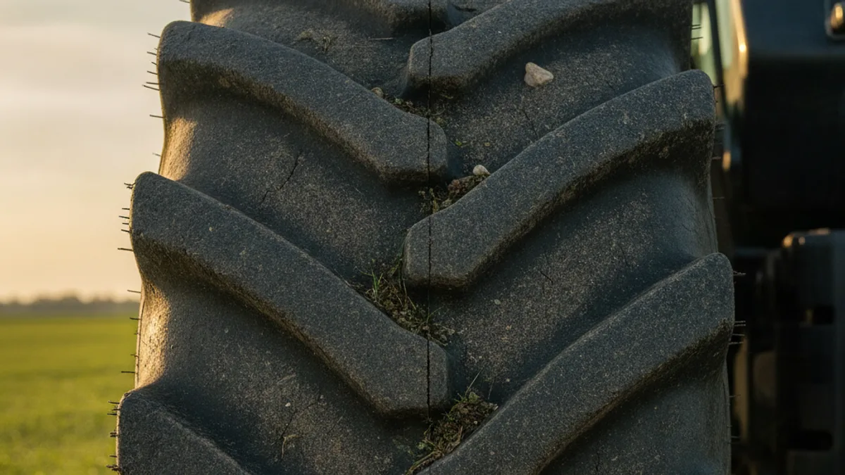 Blindagem de pneu agrícola com selante TEX mostrando capacidade de vedação em milímetros no campo