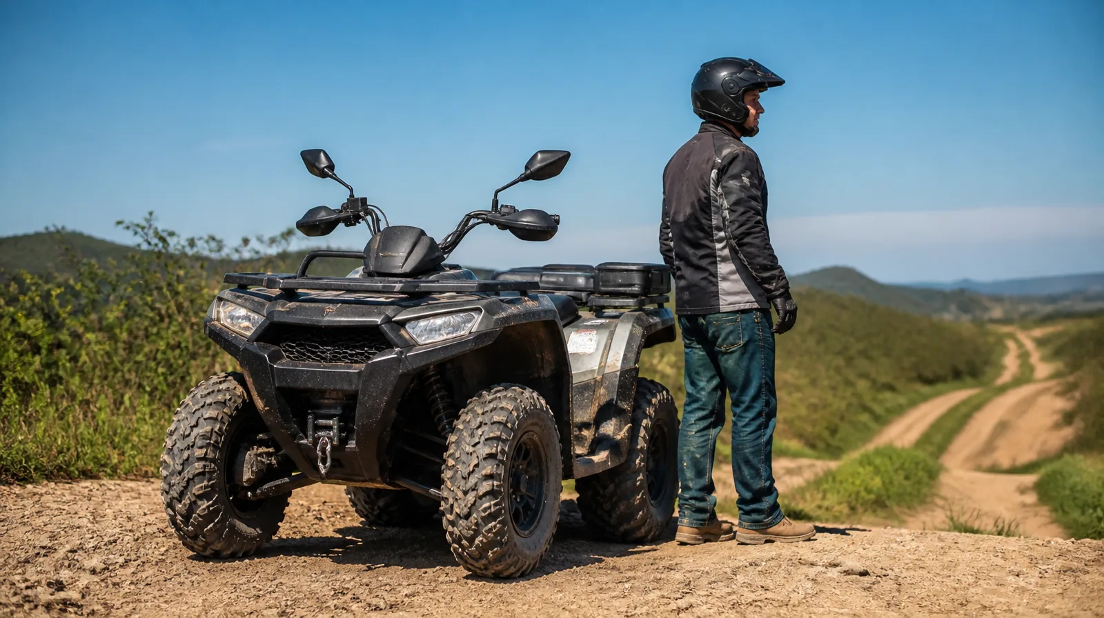 Pneu de ATV em terreno off-road com veículo robusto, destacando desempenho e aderência da keyword atv