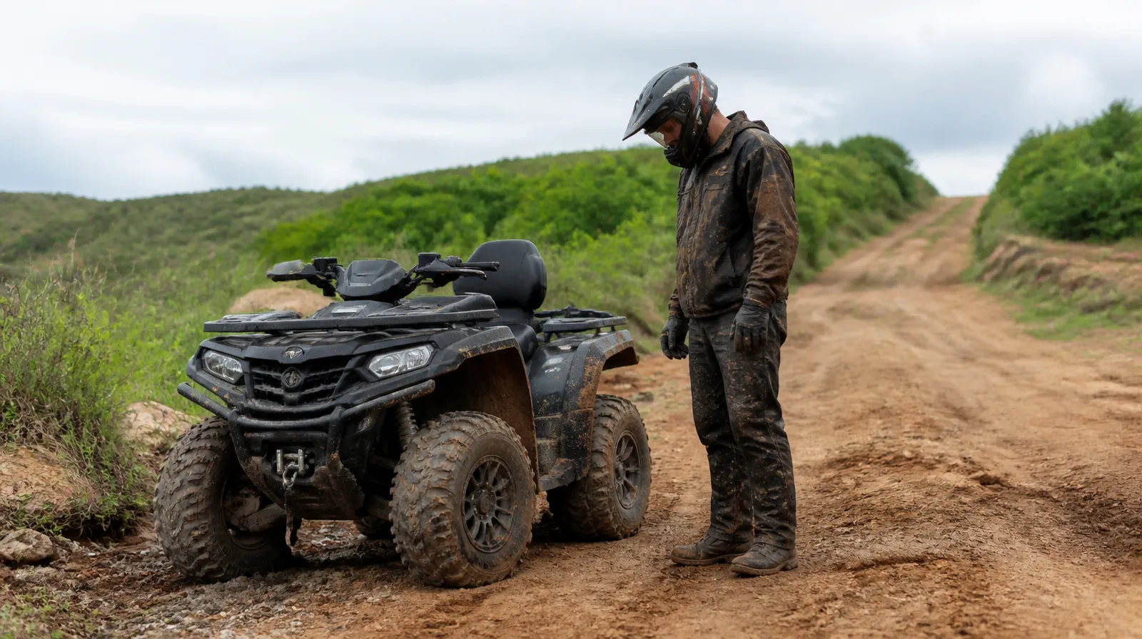 Pneu de atv em veículo todo-terreno fotorrealista sobre terreno acidentado, destacando robustez e tração