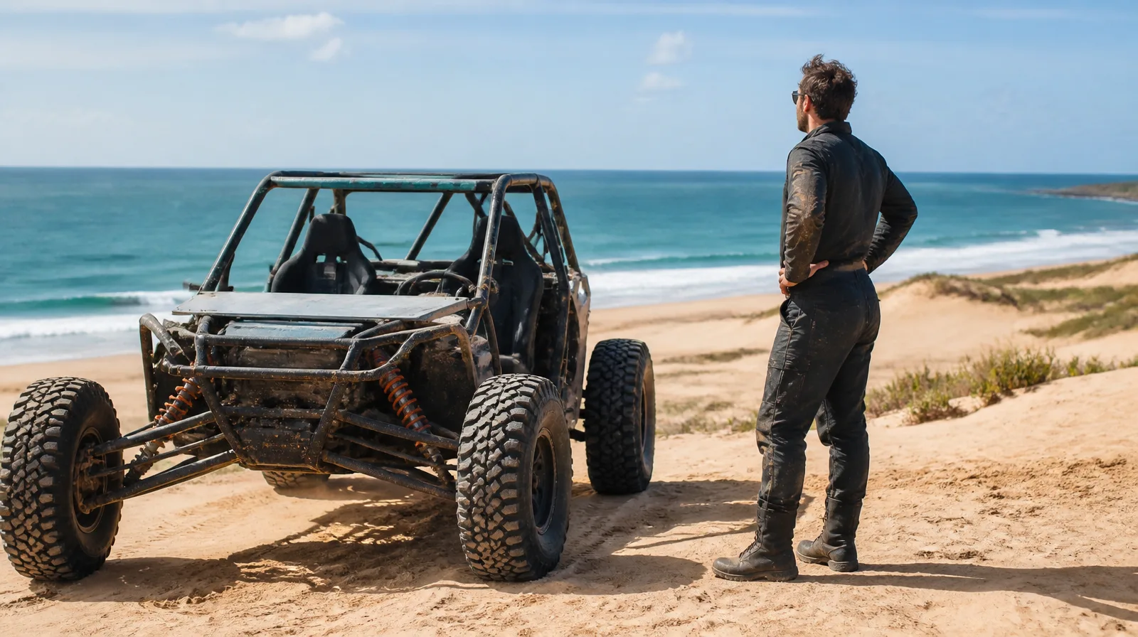 Buggy fotorrealista com pneu off-road robusto em terreno arenoso para aventura e alta tração