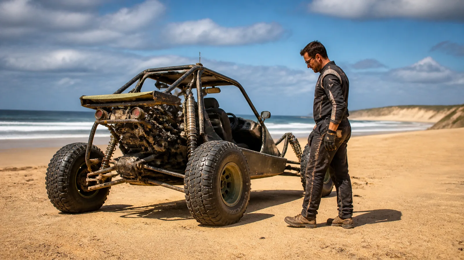Pneu de buggy em destaque com veículo fotorrealista em terreno off-road arenoso
