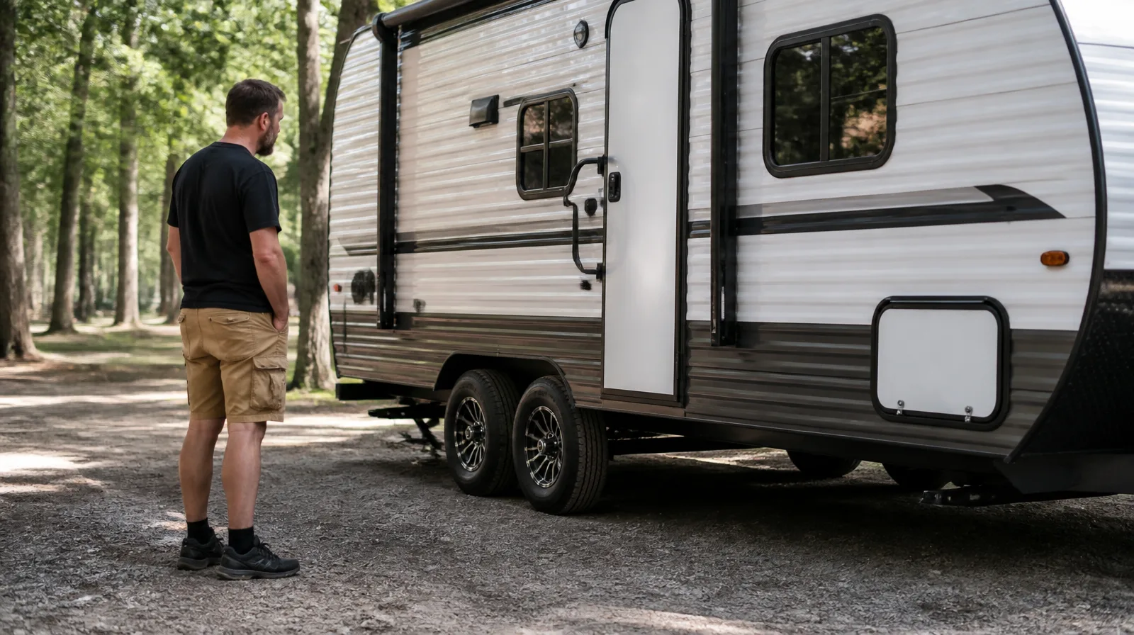 Pneu de veículo camping em estrada de terra, com visual fotorrealista e pronto para aventura