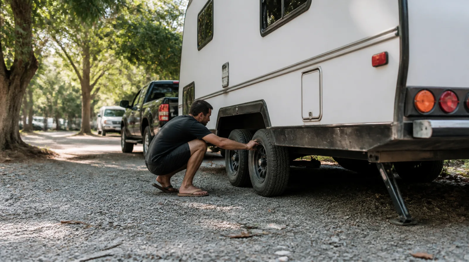 Pneu de veículo para camping em trilha off-road com lama e paisagem natural ao fundo