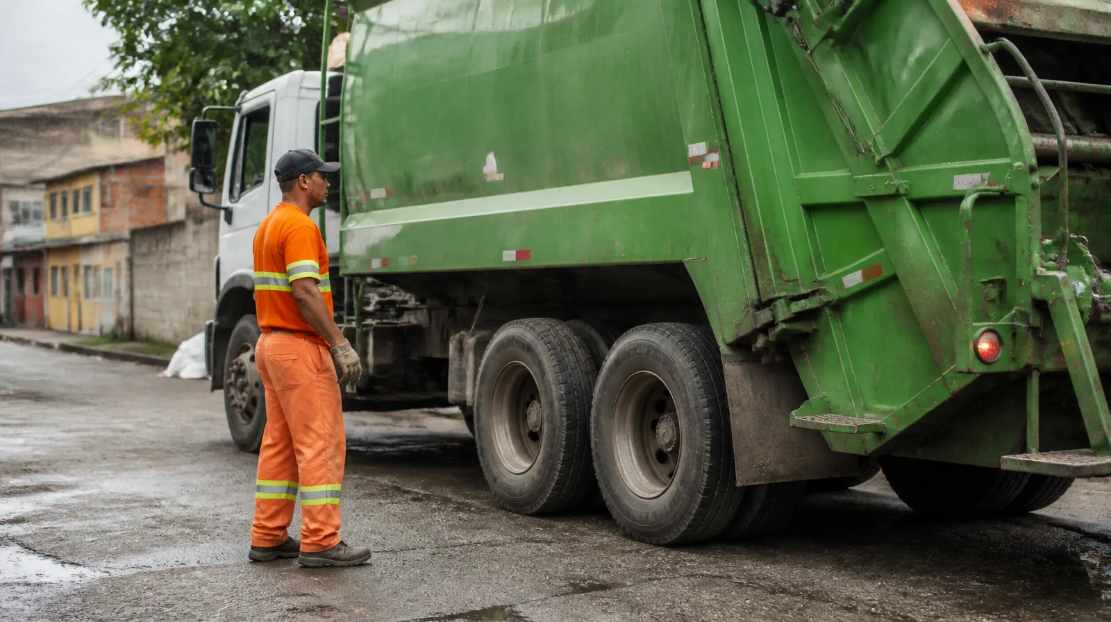 Pneu de veículo de coleta-urbana em cenário fotorrealista com alta resistência e uso intenso urbano