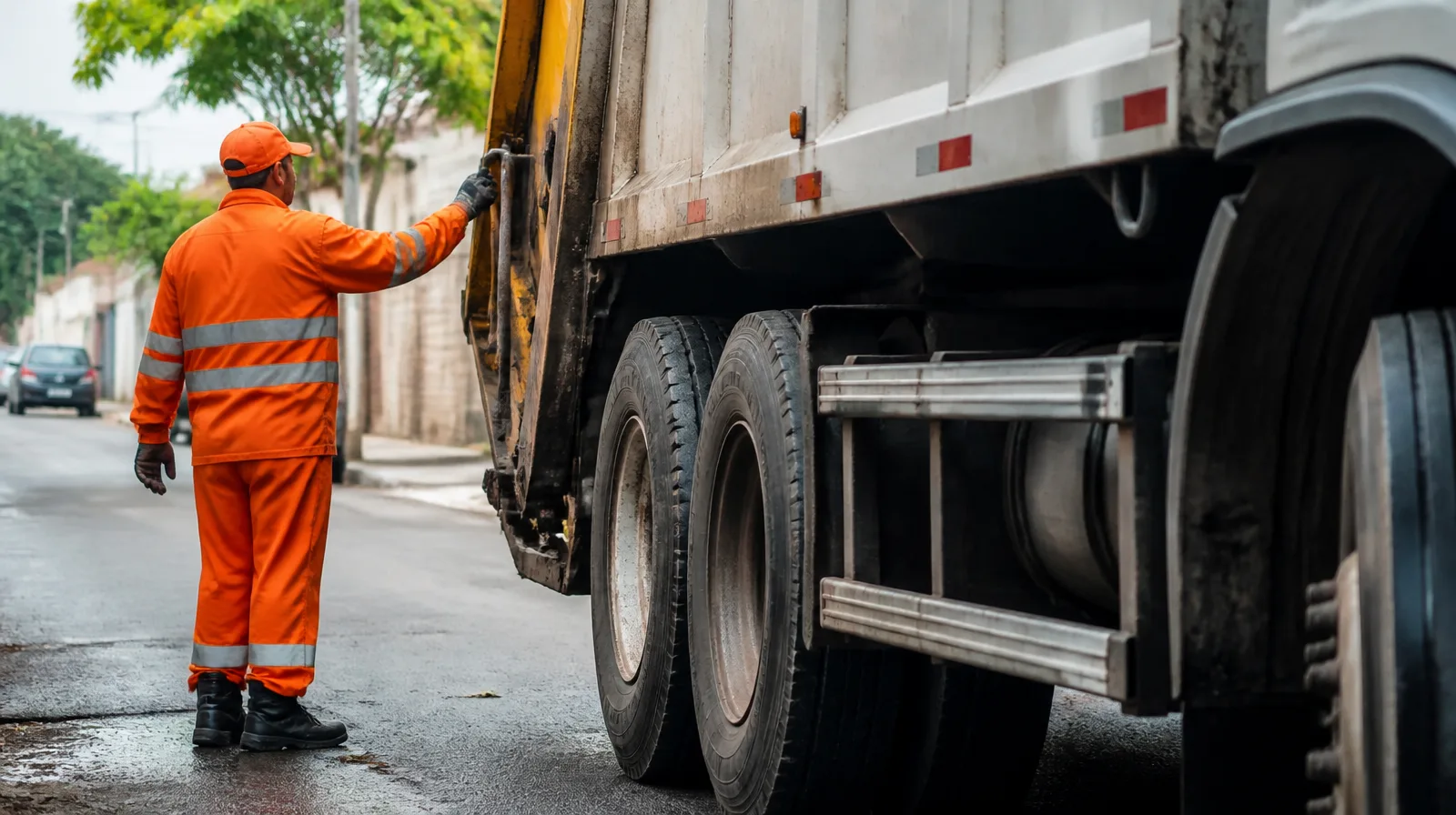 Pneu de veículo de coleta-urbana em serviço, com aspecto fotorrealista e resistente em ambiente urbano