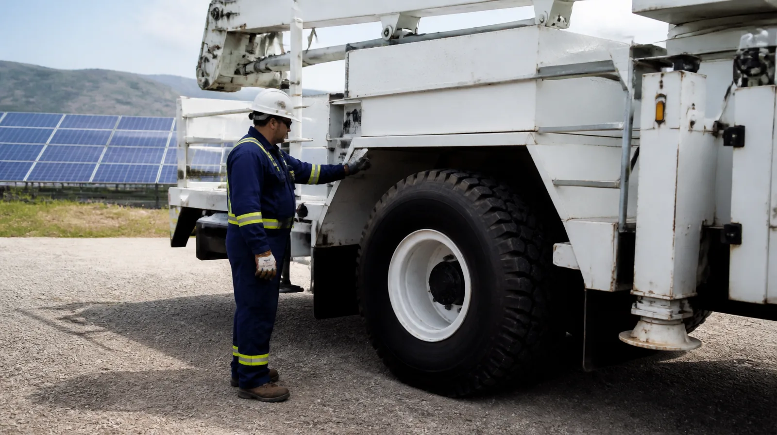 Pneus de máquinas de apoio operando em área de energia renovável com solo irregular.