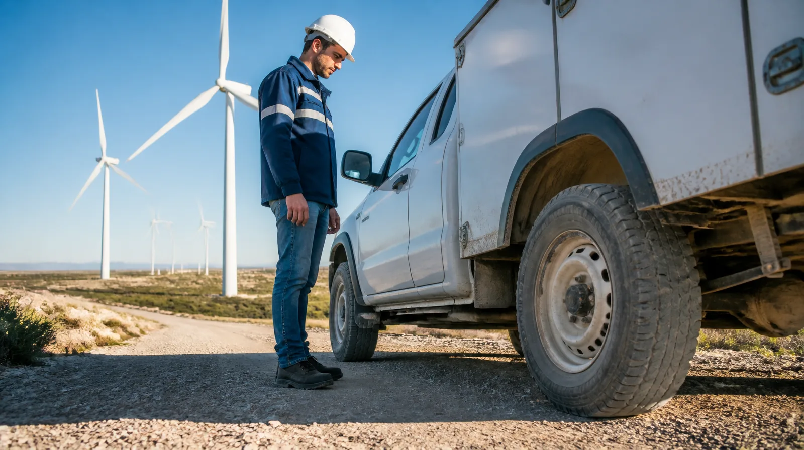 Pneu de veículo em cenário de energia-renovavel com turbinas eólicas ao fundo, ilustrando mobilidade sustentável