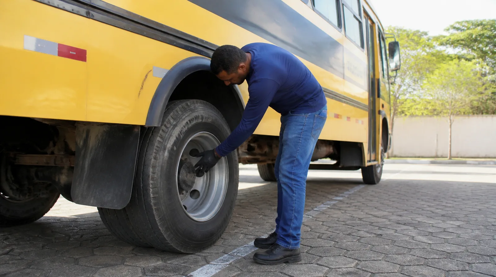 Veículo de transporte escolar em operação urbana com foco técnico nos pneus e na aplicação preventiva.