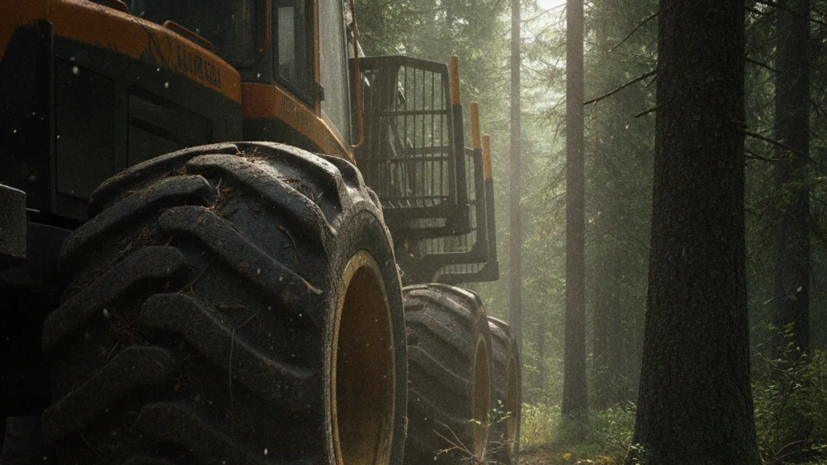 Blindagem de pneu florestal TEX protegendo forwarder e skidder na operação de colheita