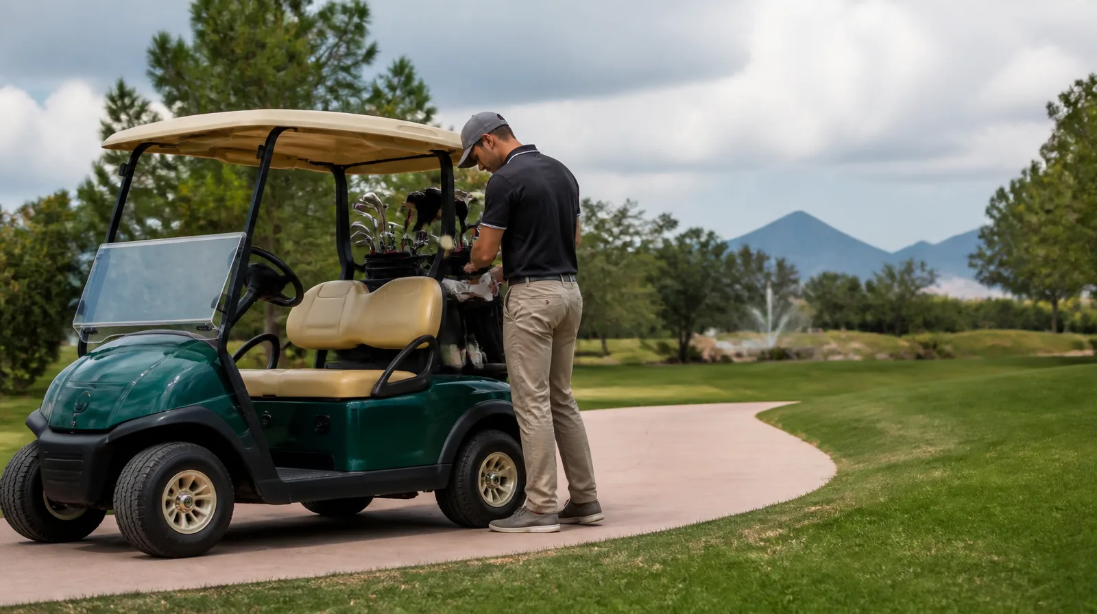 Carrinho de golfe em campo gramado com detalhe técnico do pneu recebendo aplicação de selante preventivo.
