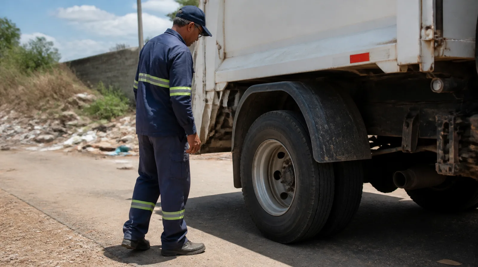 Pneu de veículo do governo em asfalto urbano, com foco em desempenho e segurança da frota pública