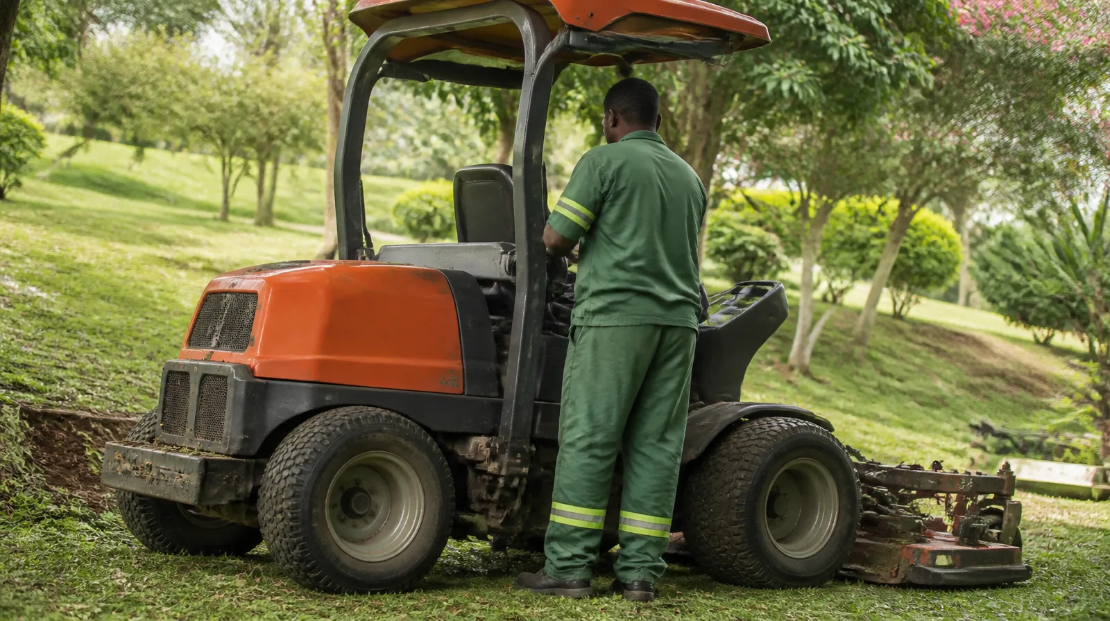 Equipamento de jardinagem em operação sobre grama com foco nos pneus e na proteção preventiva.