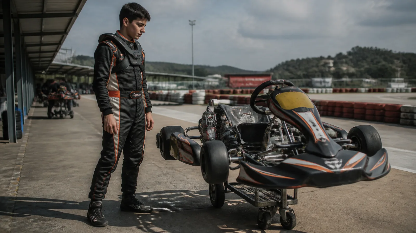 Pneu de karting em pista com veículo em alta velocidade e detalhes fotorrealistas do segmento karting