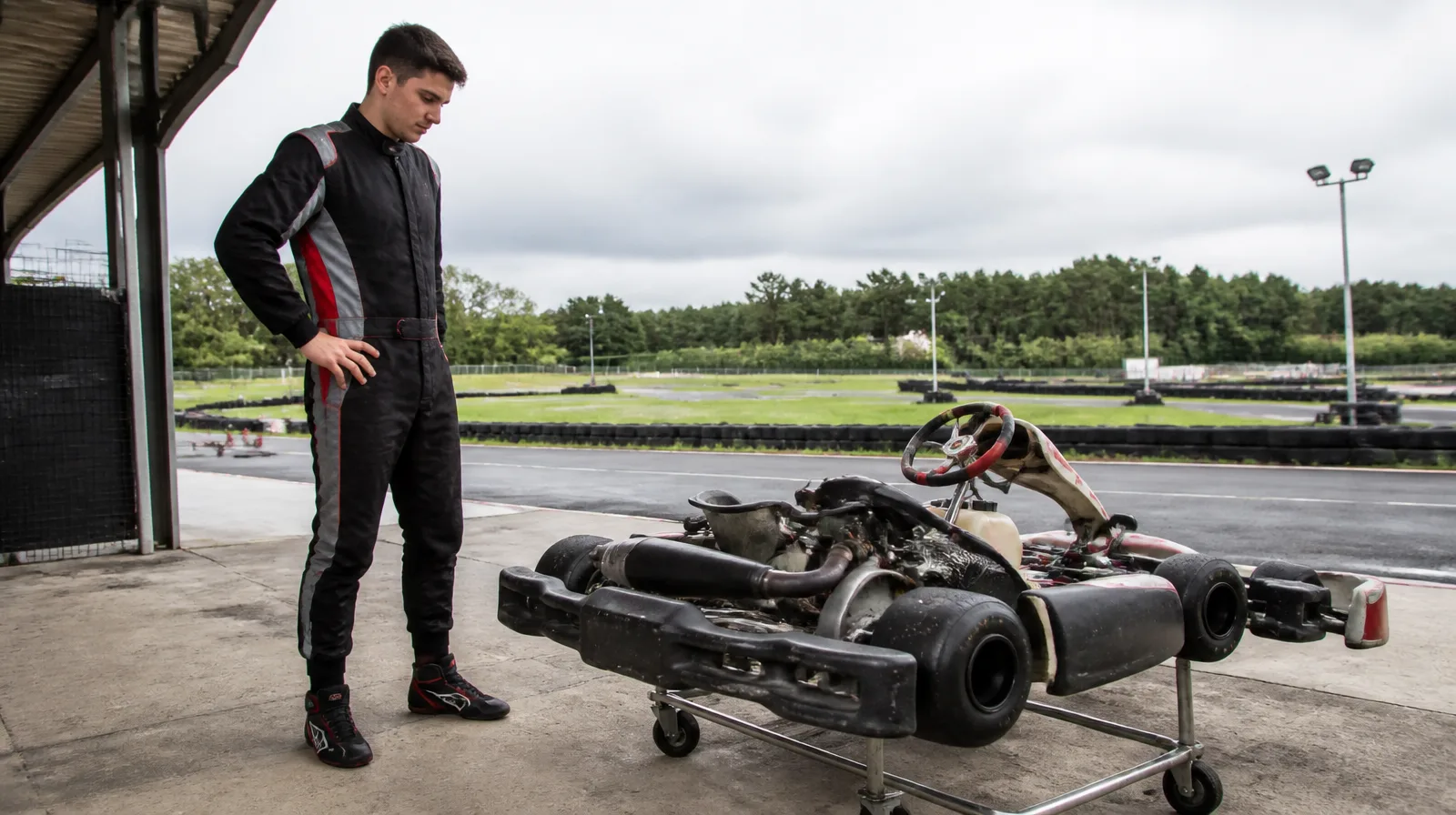 Pneu de karting em close fotorrealista com veículo de competição em pista seca e detalhes de alta performance
