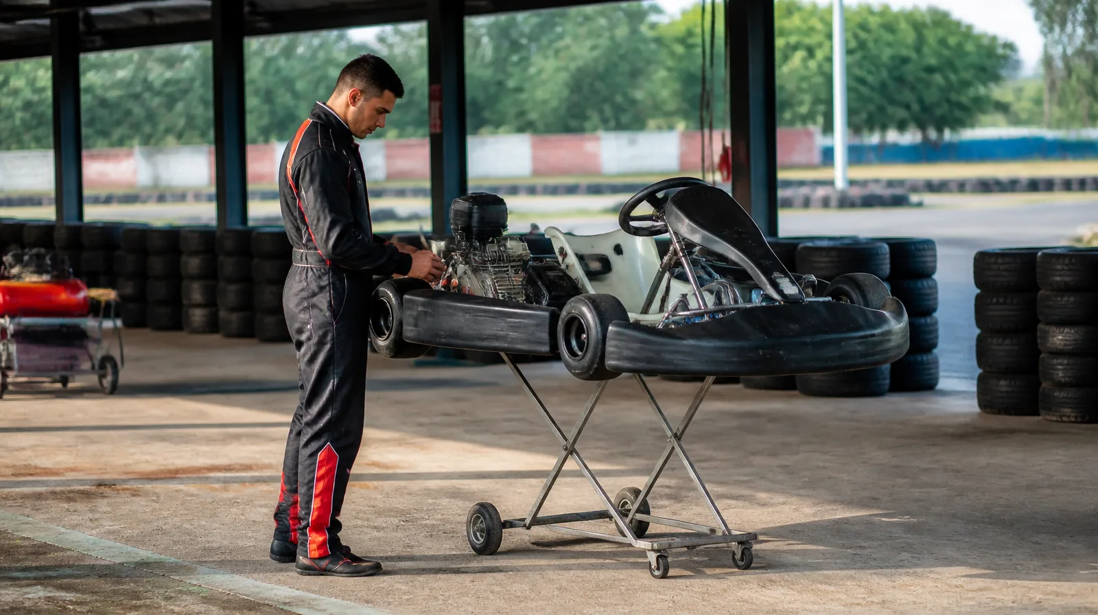 Kart em área de apoio com foco nos pneus preparados com blindagem preventiva para uso em karting.