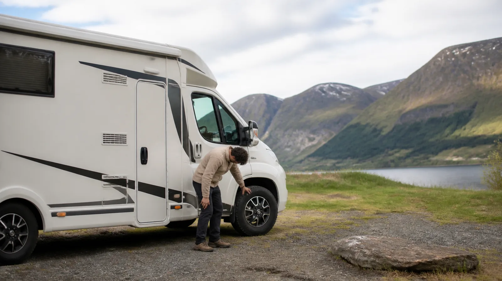 Pneu de motorhome em close fotorrealista com veículo robusto e estrada ao fundo