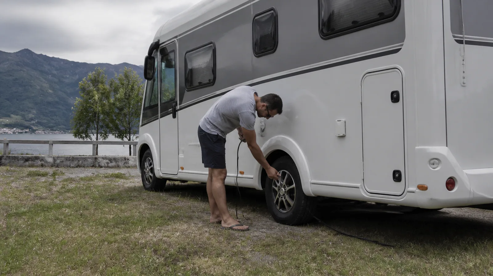 Pneu de motorhome em veículo fotorrealista para viagem segura e conforto na estrada