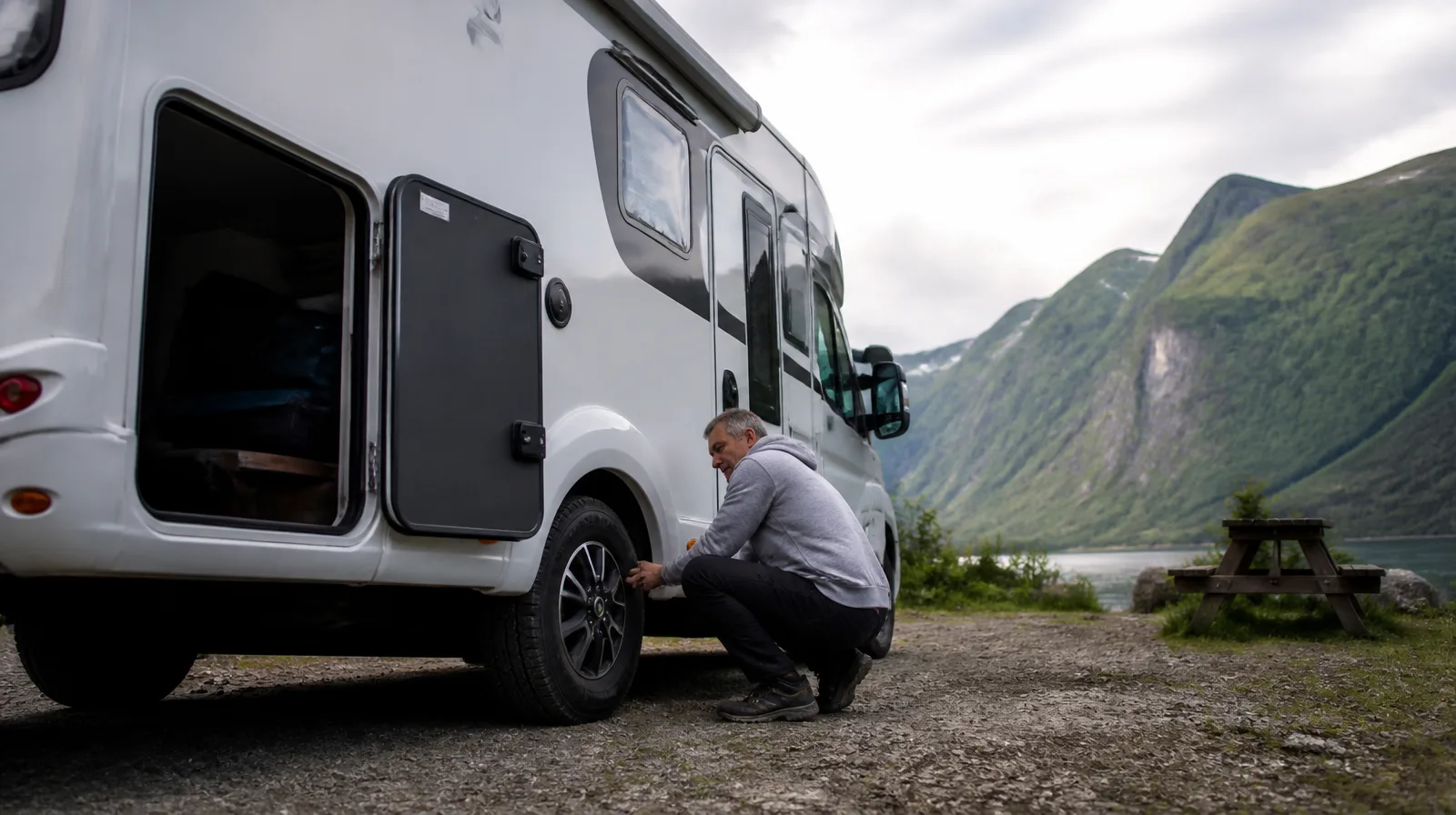 Pneu de motorhome em veículo fotorrealista, destacando robustez e mobilidade na estrada