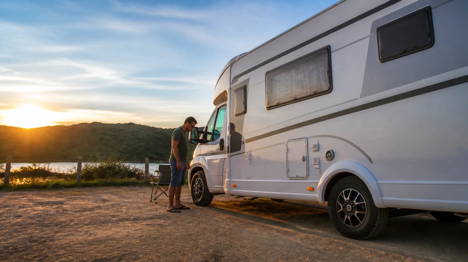 Pneu de motorhome em destaque com veículo fotorrealista em viagem na estrada