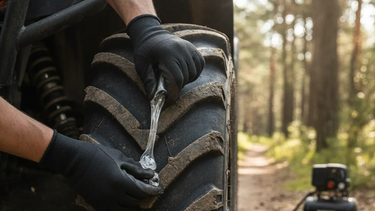 Blindagem de pneu off-road com selante TEX OFF ROAD aplicado em pneu de jipe na trilha
