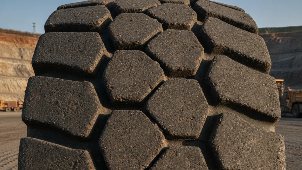 Blindagem de pneu OTR com selante TEX mostrando capacidade de vedação em milímetros em máquina pesada de mineração