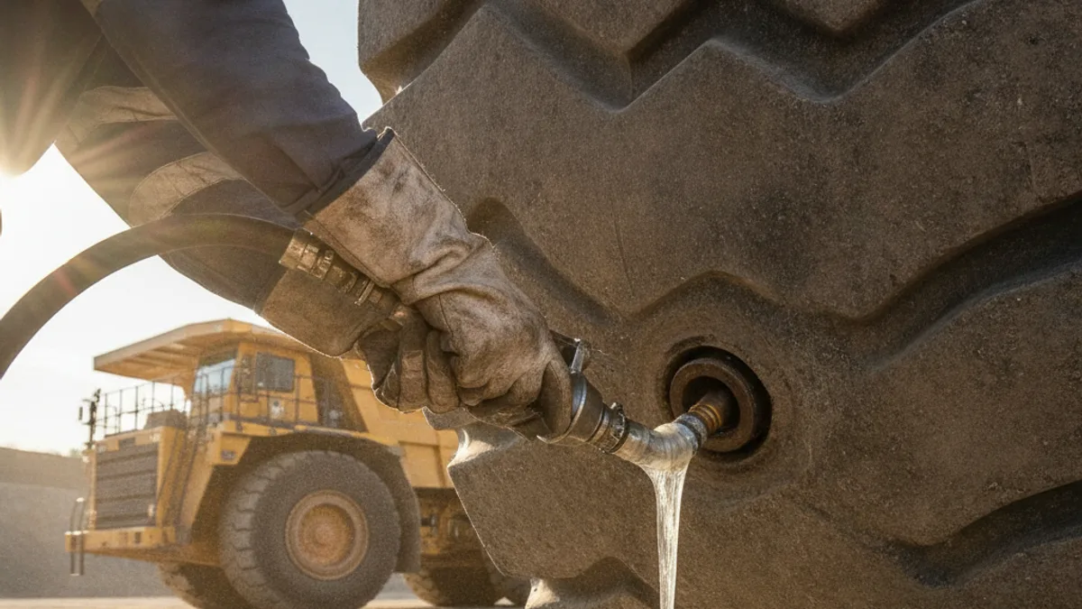 Blindagem de pneu OTR em máquina de mineração com selante antifuro TEX OTR