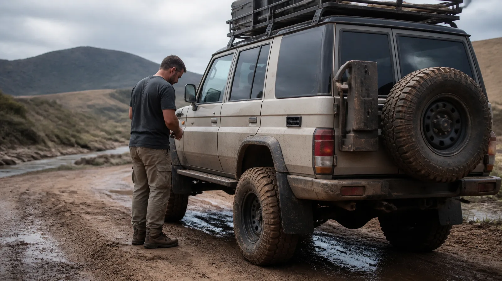 Veículo de expedição em trajeto overland com pneus em piso de terra e cascalho.
