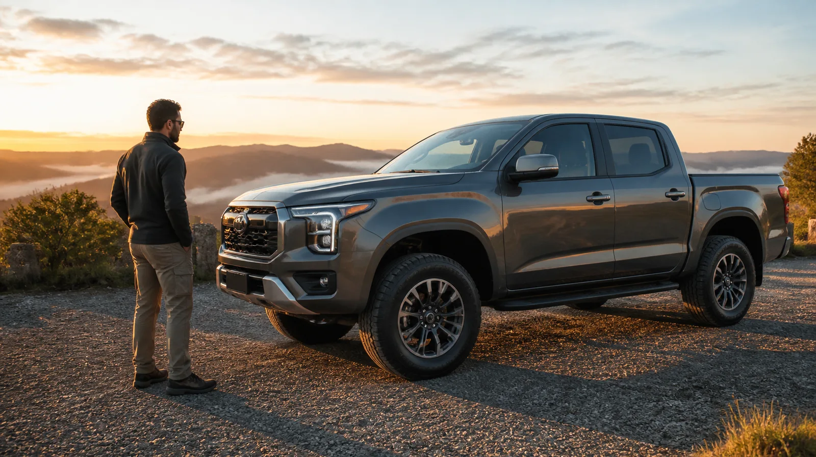 pickup-de-luxo fotorrealista em destaque com pneu premium e veículo sofisticado em cenário urbano moderno