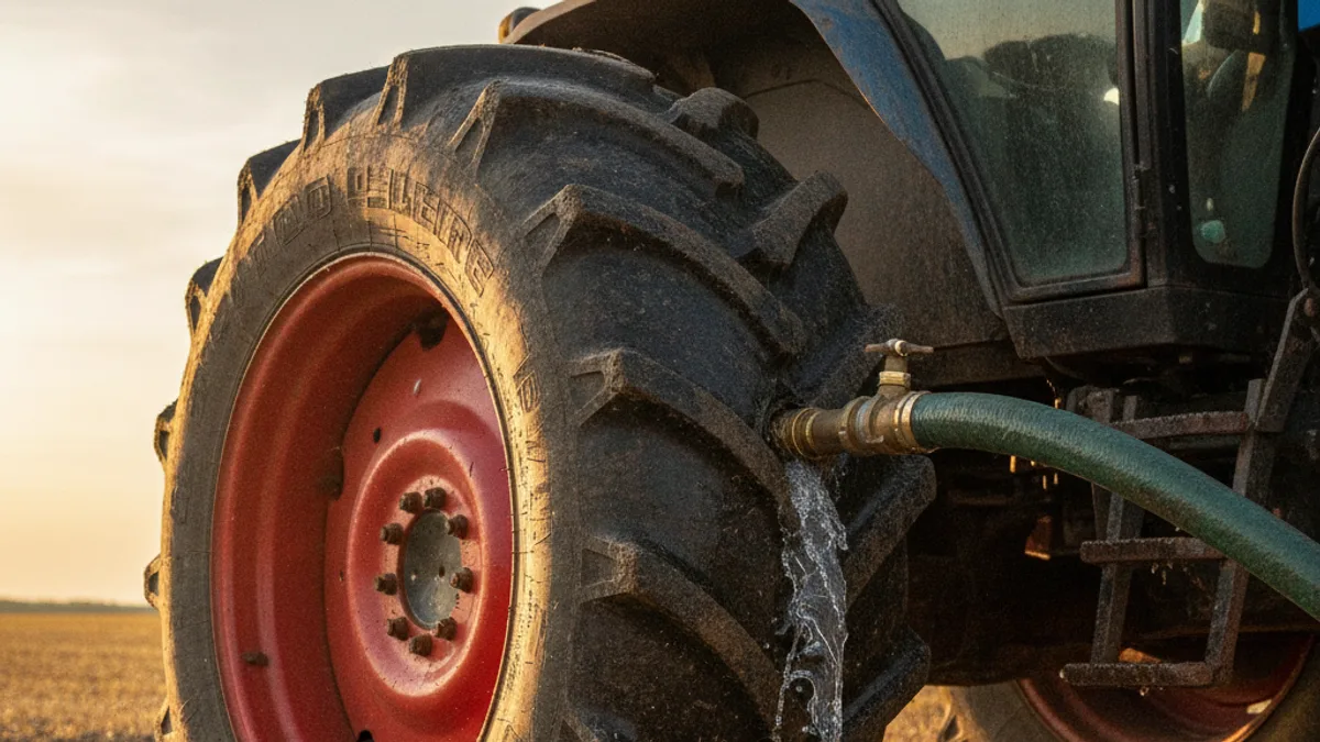 Lastro líquido para pneu de trator com TEX LASTRO GEL unindo água e proteção antifuro no pneu agrícola