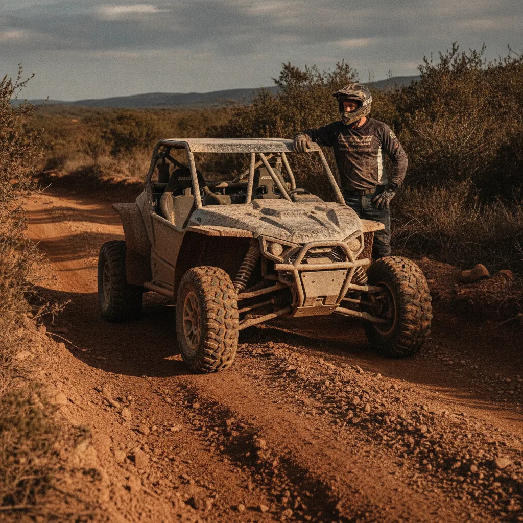 Quadriciclo off-road em trilha desafiadora, onde o selante para pneus de quadriciclo é essencial